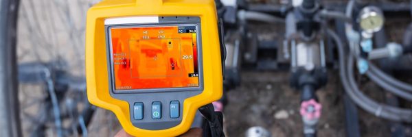 Person holds a thermal camera displaying heat readings of machinery on screen.