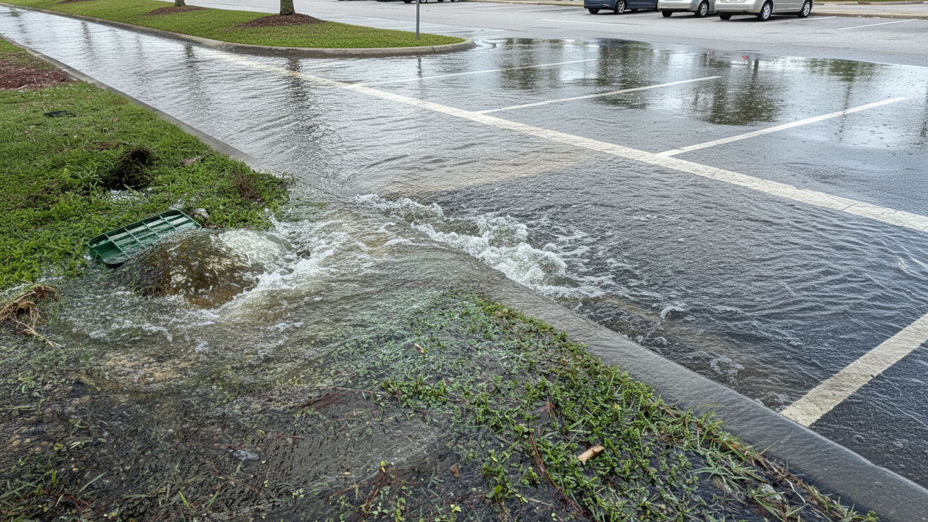 Overflowing storm drain causing water to flood onto a parking lot.