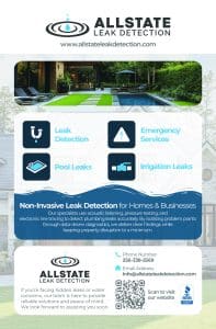 Allstate Leak Detection flyer with services like leak detection and emergency services. Contact info included.